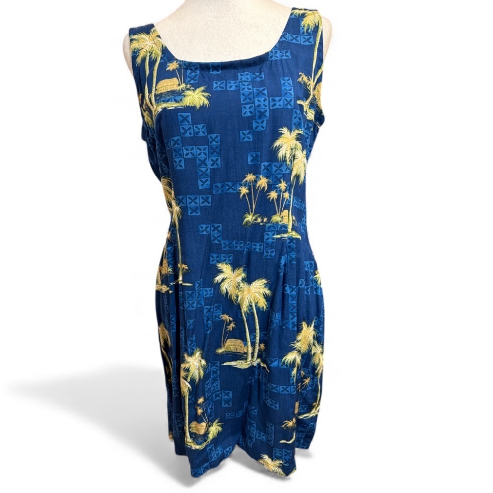 KOKO Island Hawaiian Sleeveless Shift Dress Blue w/ Palm Trees Back Zip USA Made
